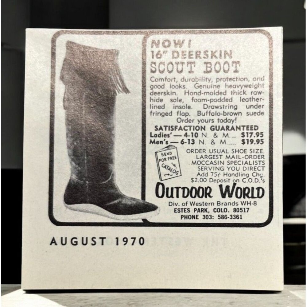 Outdoor World Vintage Print Ad 1970s Deerskin Scout Boot Estes Park Colorado